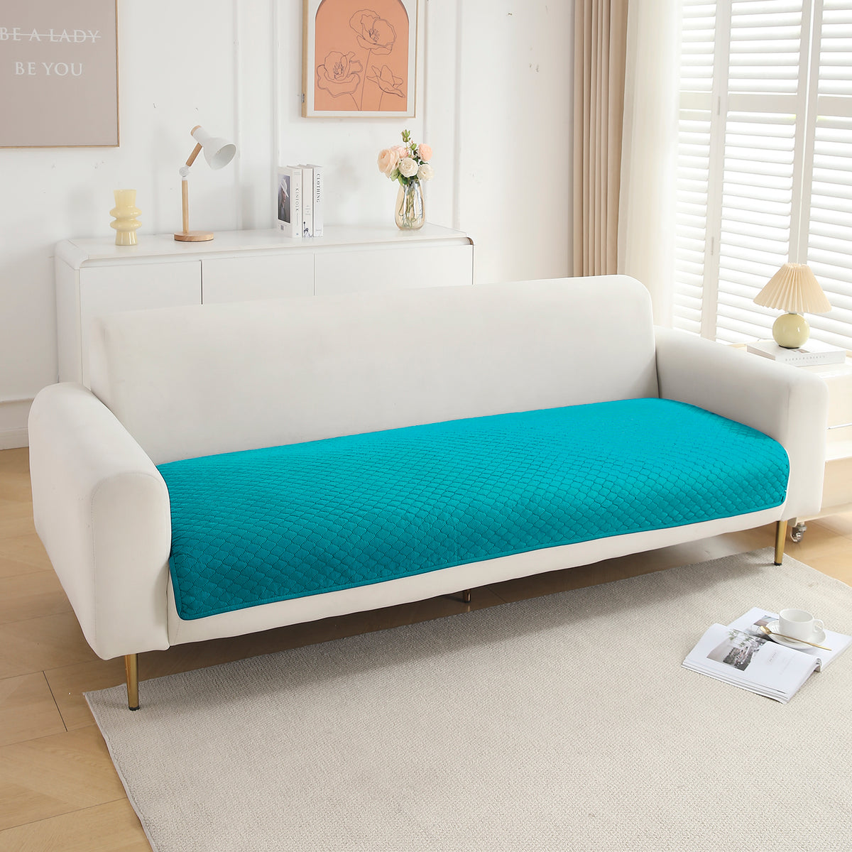 Polyester Quilted Sofa Cover Mats, Teal