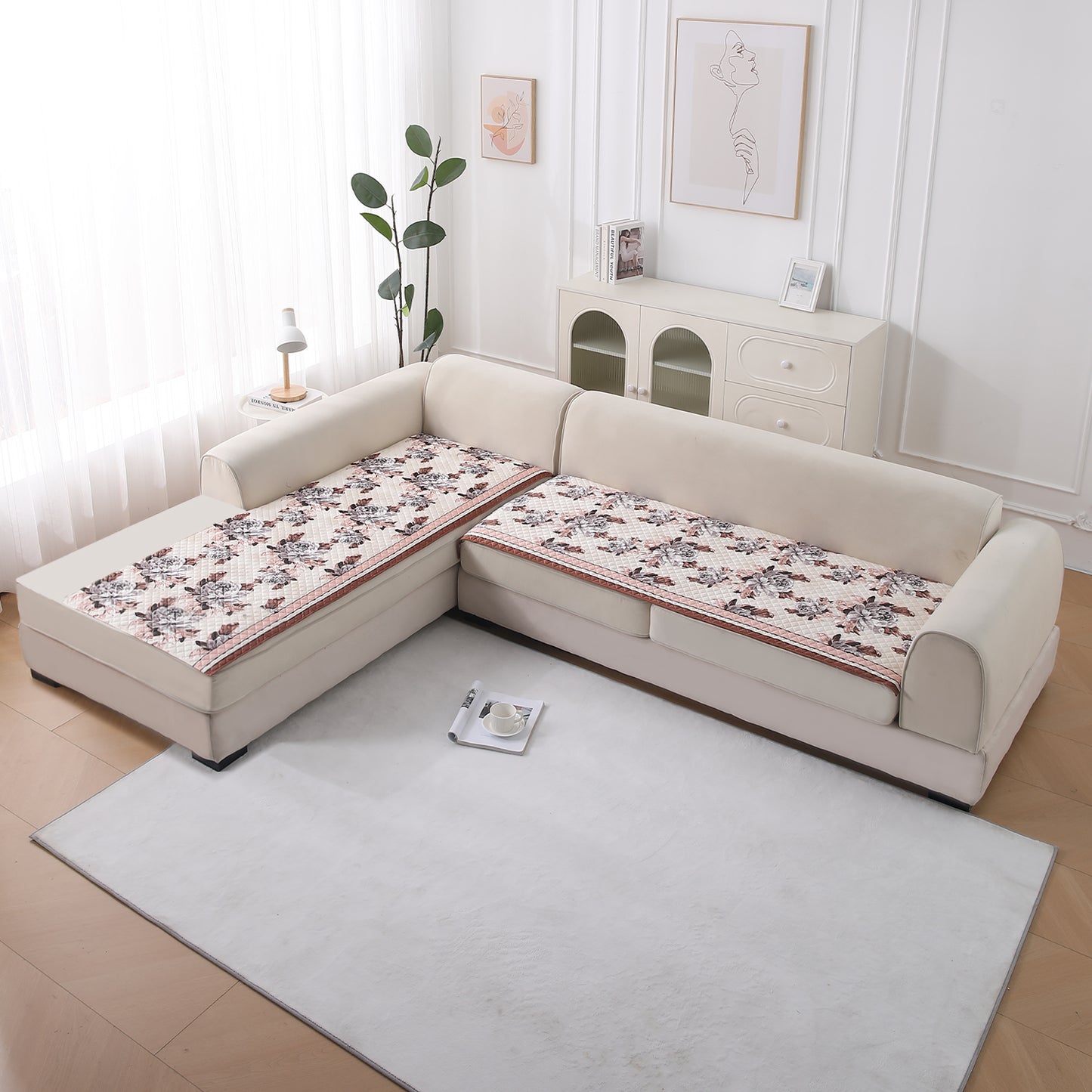 LiefNest Printed Holland Velvet L Shape Sofa Seat Mat with Foam Filling - Chrysanthemum Bloom Soft Beige