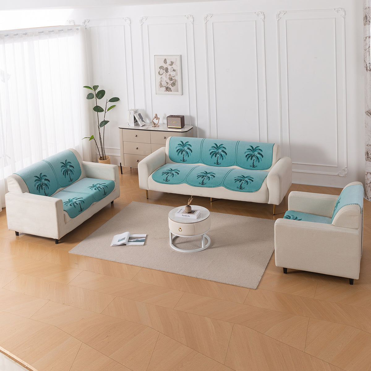 HeavenHue Fleece Soft Touch Quilted Sofa Cover Set Washable Sofa Panel for Seat & Back - Island Breeze