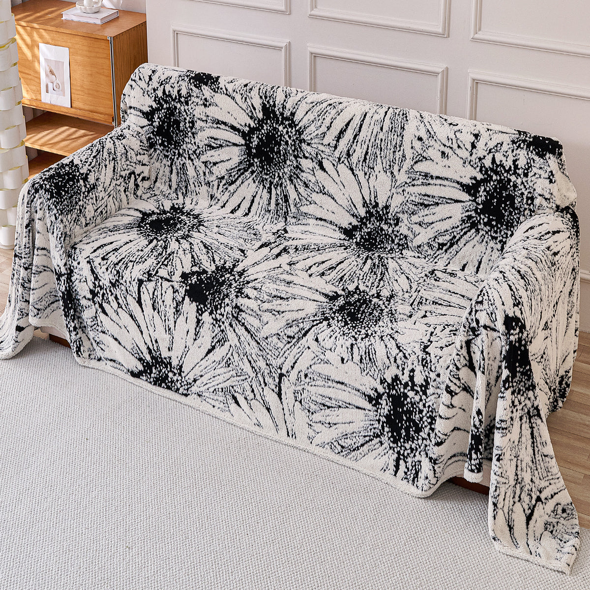 Buy Midnight Black Colour DaisyBloom Series Luxury Plush Sofa Throw for Complete Sofa | HOKIPO
