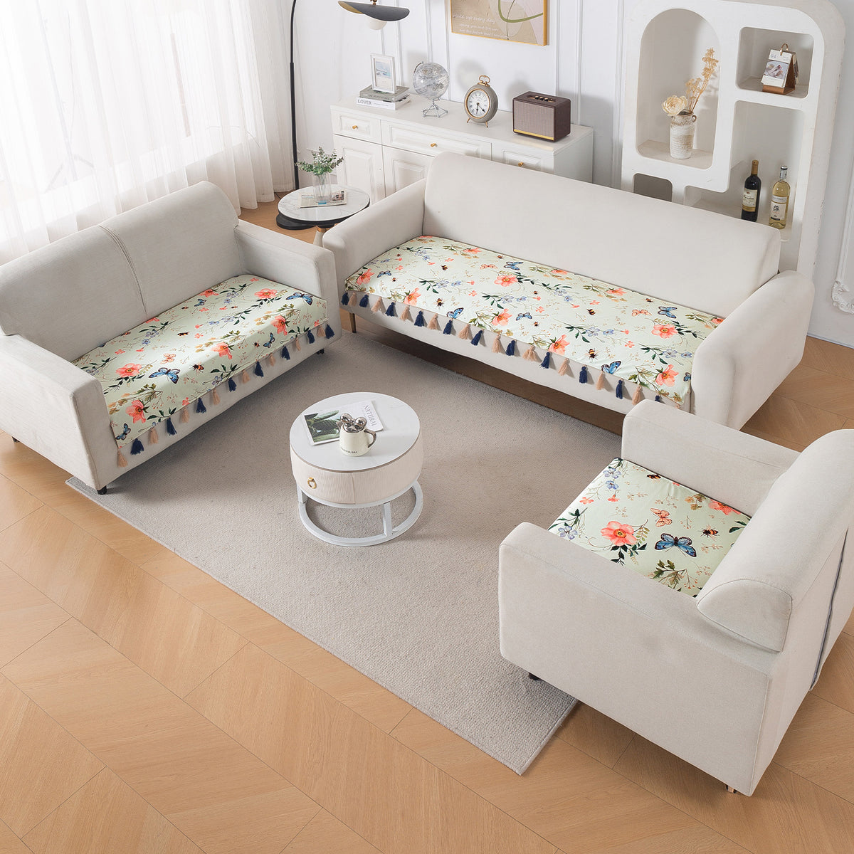 'Whispers of Nature' Series Holland Velvet Sofa Seat Mat with Tassel, Pastel Butterfly Meadow
