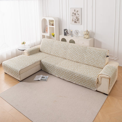 Elira Series Quilted One-Piece L Shape Sofa Cover Mat with Left and Right Chaise, Beige Abstract Geometry