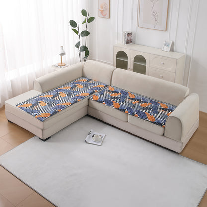 LiefNest Printed Holland Velvet L Shape Sofa Seat Mat with Foam Filling - Tropical Leaves Dusk Blue