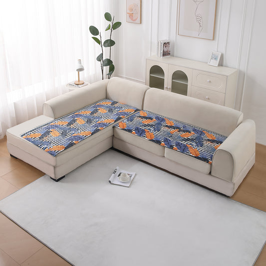 LiefNest Printed Holland Velvet L Shape Sofa Seat Mat with Foam Filling - Tropical Leaves Dusk Blue
