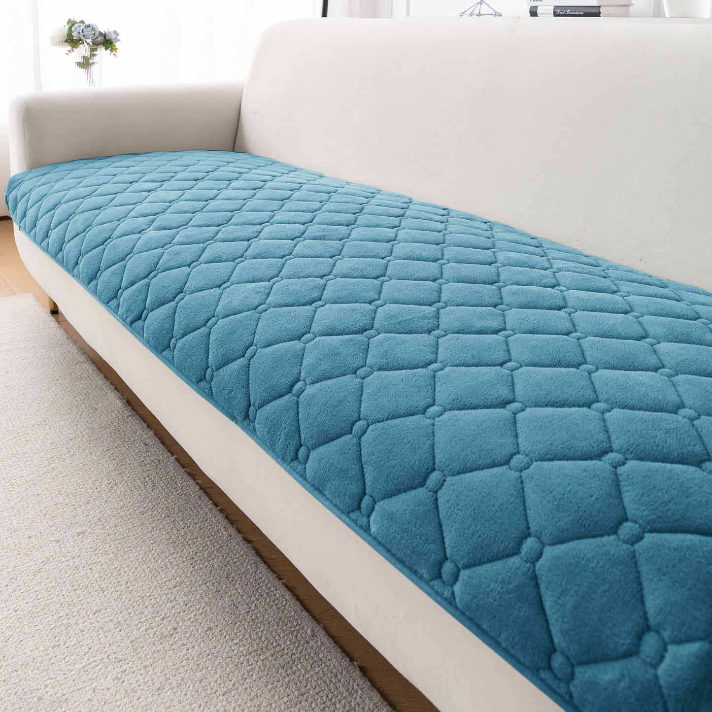 Diamond Tuft Plush Sofa Cover Mat, Dusty Teal