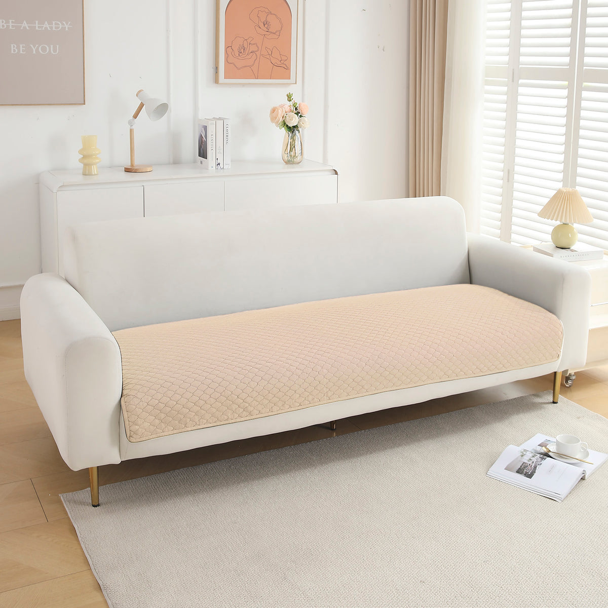Polyester Quilted Sofa Cover Mats, Beige