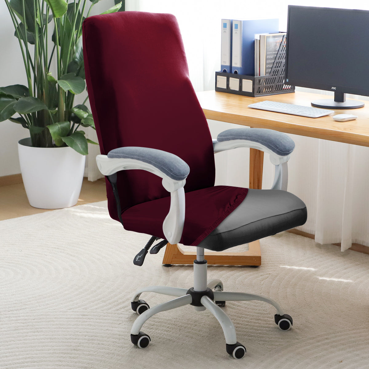 Office Chair Cover for Executive Chair (High-Back) – 140 GSM Stretchable Fabric – Washable & Anti-Slip – Fits Big & Tall Office Chairs, Burgundy