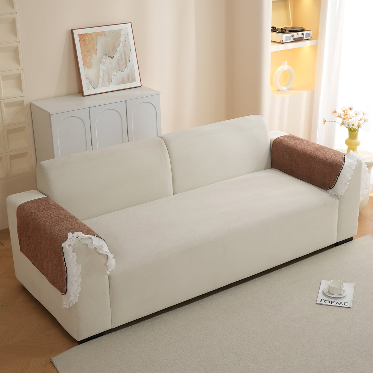 French Classic Frill Wavy Sofa Cover Mat, Mocha Luxe Brown