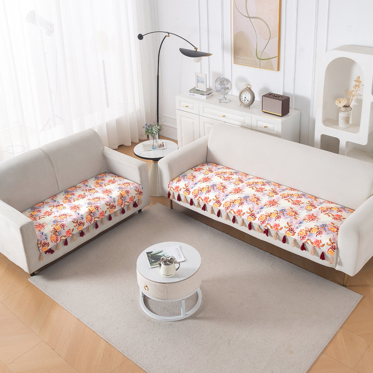 'Whispers of Nature' Series Holland Velvet Sofa Seat Mat with Tassel, Vintage Rose Bloom