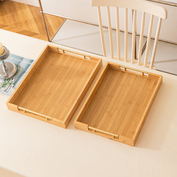 Bamboo Serving Tray Set with Gold Handles | Set of 2