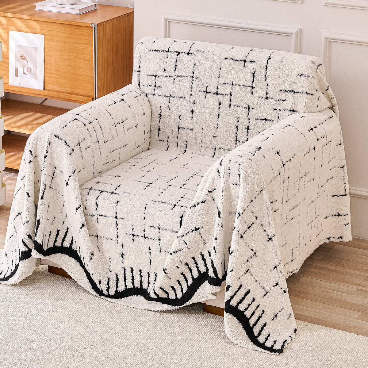Buy Off-White Colour Supple Soft Wavy Plush Sofa Throw – Single Seater Sofas | HOKIPO