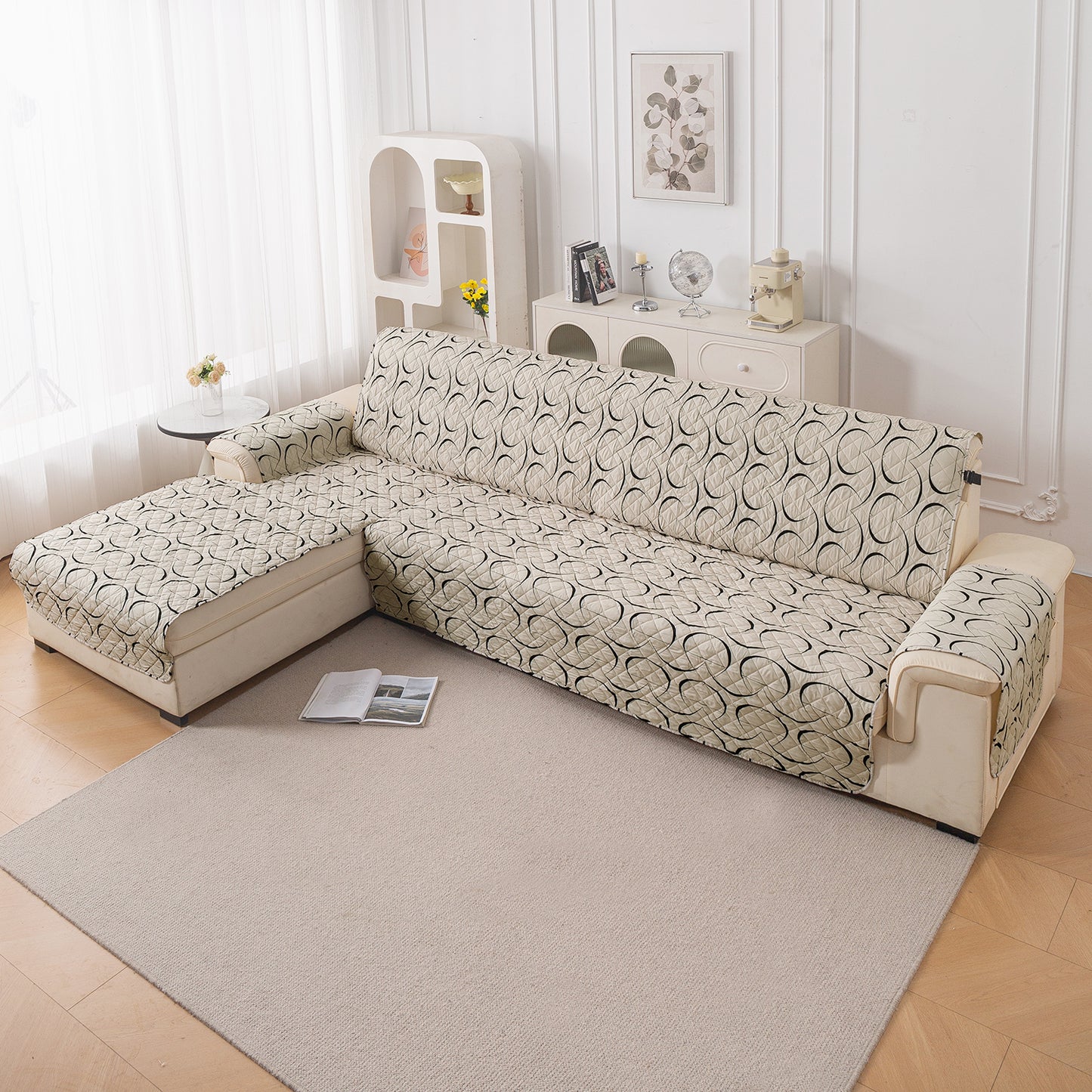 Elira Series Quilted One-Piece L Shape Sofa Cover Mat with Left and Right Chaise, Natural Beige Abstract Art