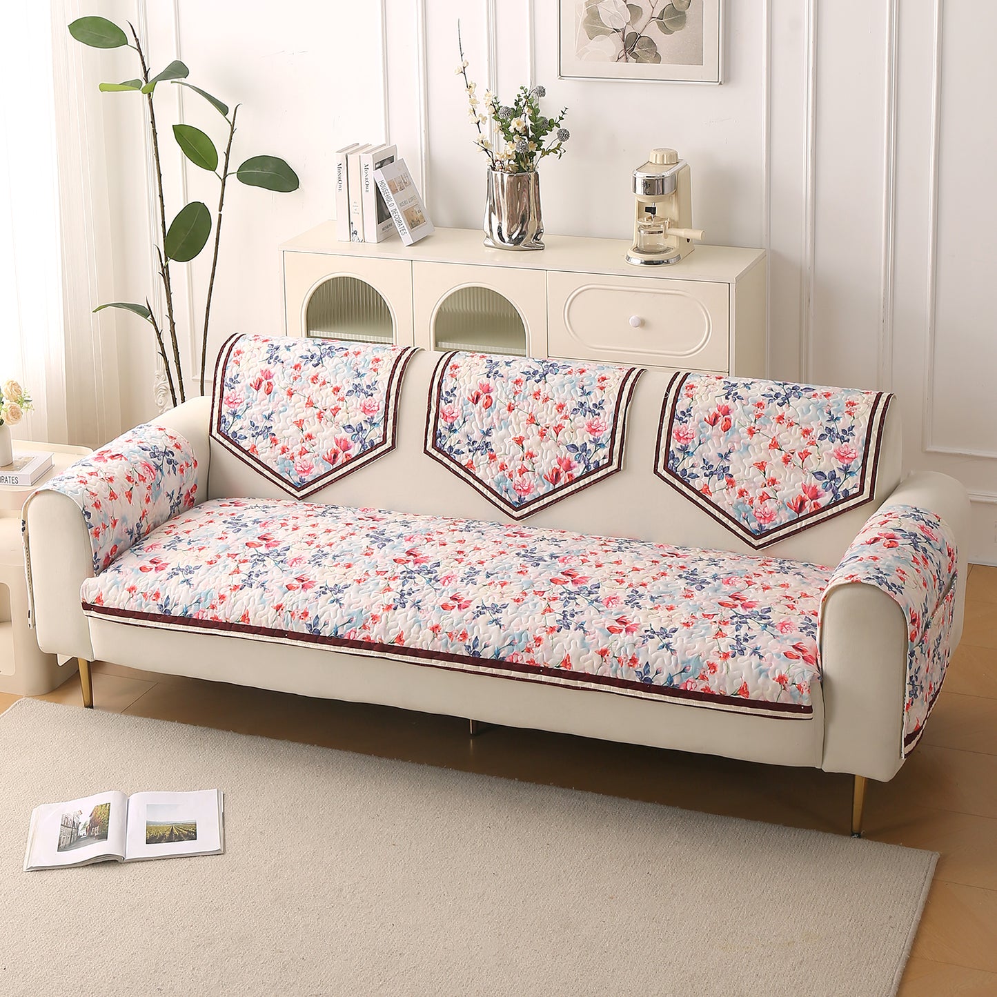 Florentina Series Printed Holland Velvet Sofa Mat - Scarlet Rose Ivory