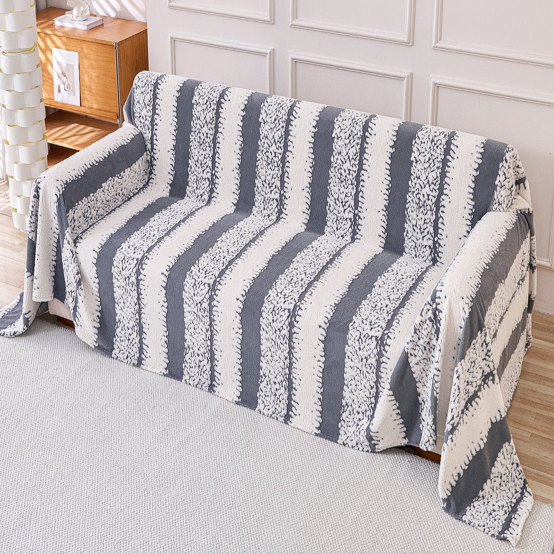 Buy Pewter Grey Colour Luxury Wavy Plush Sofa Throw for Complete Sofa | HOKIPO
