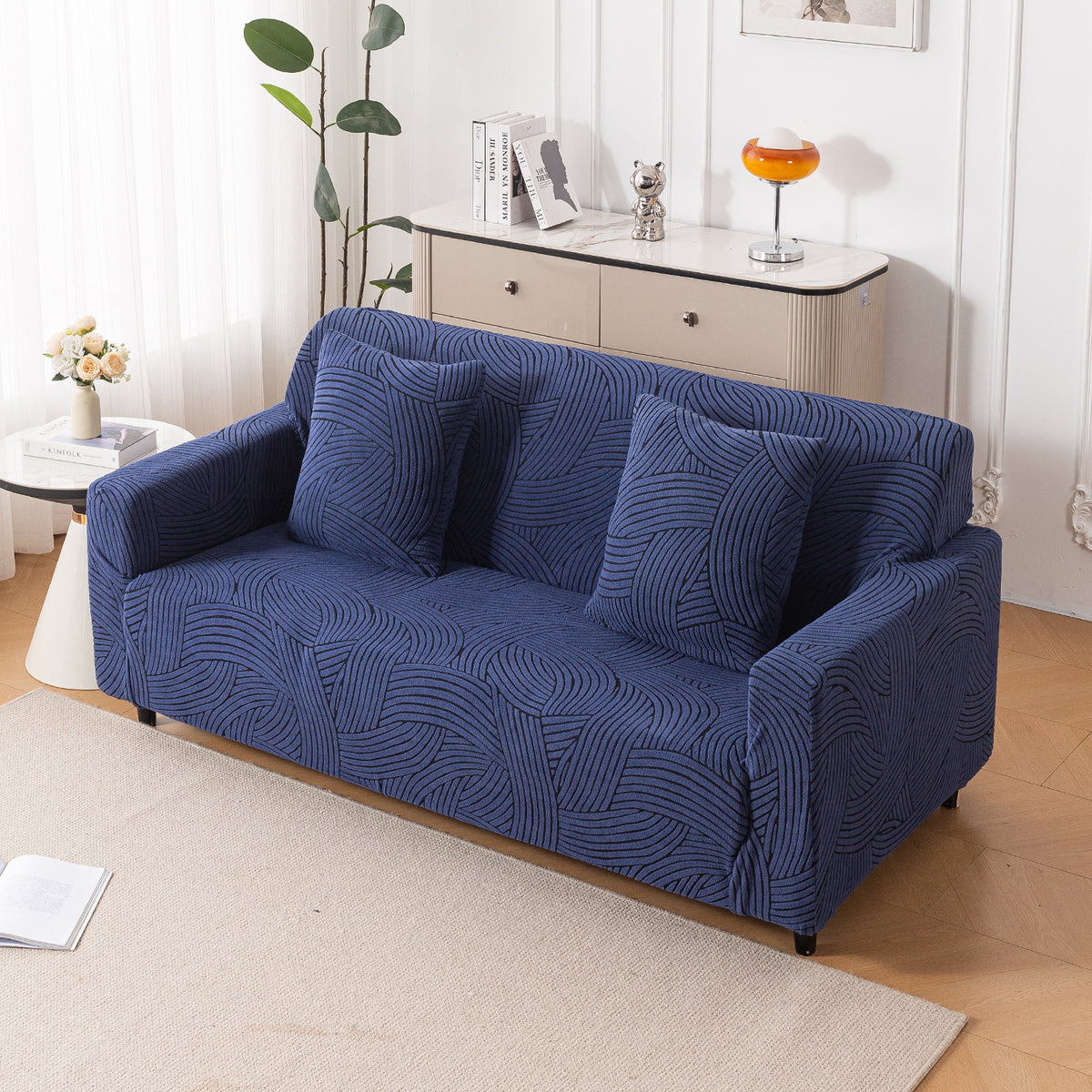 Buy royal blue colour waveline series jacquard sofa cover - 3 seater