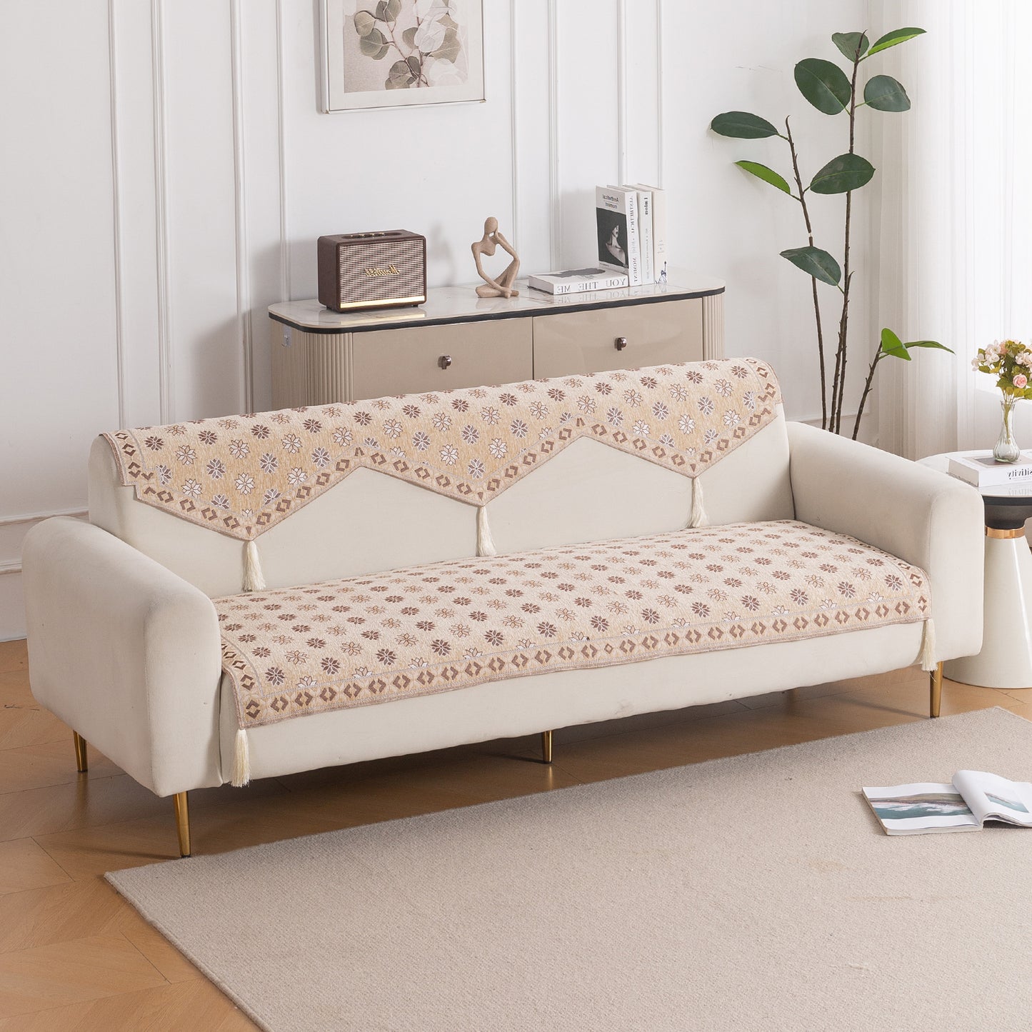 Heritage Weave Premium Jacquard Sofa Cover Set with Tassels - Sandy Beige