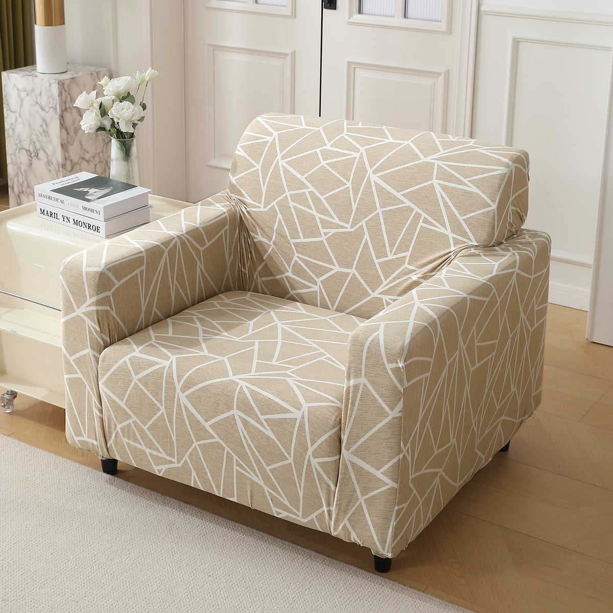Beige Abstract Geometry Print Elastic 1cseater sofa cover​s  
