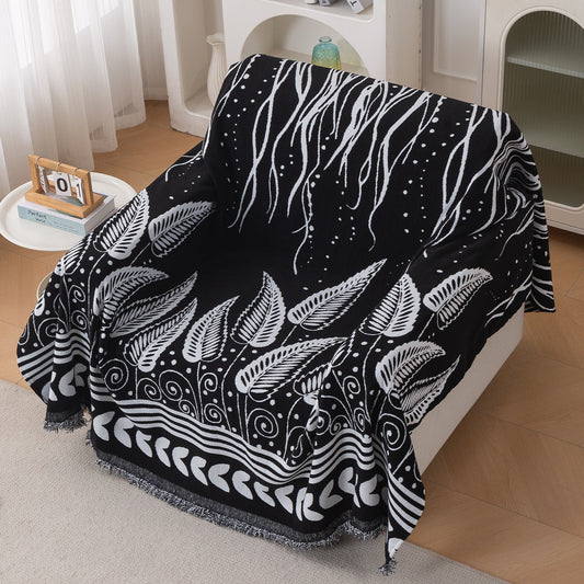 Premium 320 GSM Chenille Sofa Cover Throw All Season 'Serene Abode Series', Black Fern Tribal