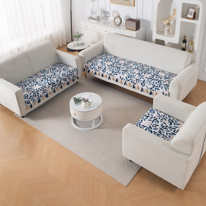 'Whispers of Nature' Series Holland Velvet Sofa Seat Mat with Tassel, Indigo Foliage