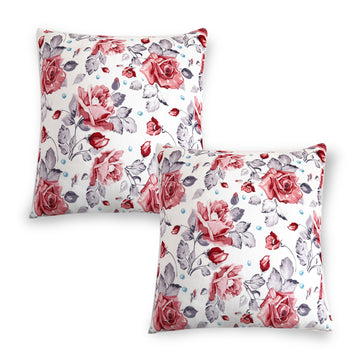 Buy Red Cottage Rose Printed Zippered Square Velvet pillow covers in set of 2