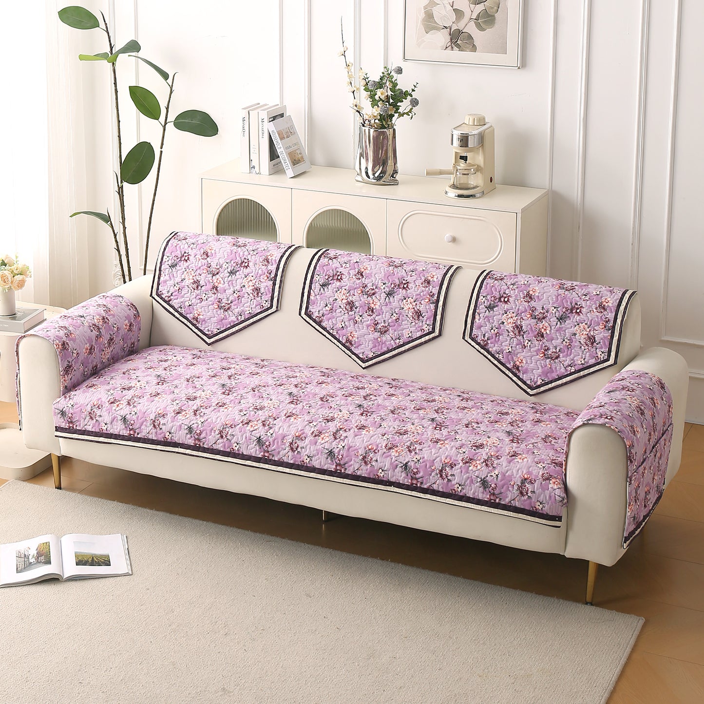 Florentina Series Printed Holland Velvet Sofa Mat - Peony Lavender