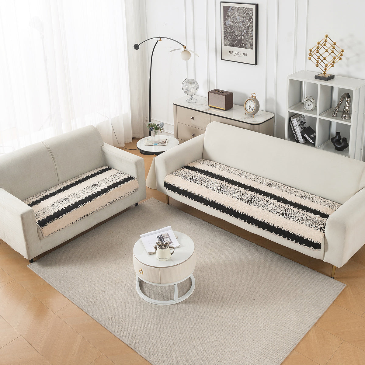 Luxury Plush Sherpa Anti Slip Combination Sofa Mat, 'Noirea Series'|Textured Stripe