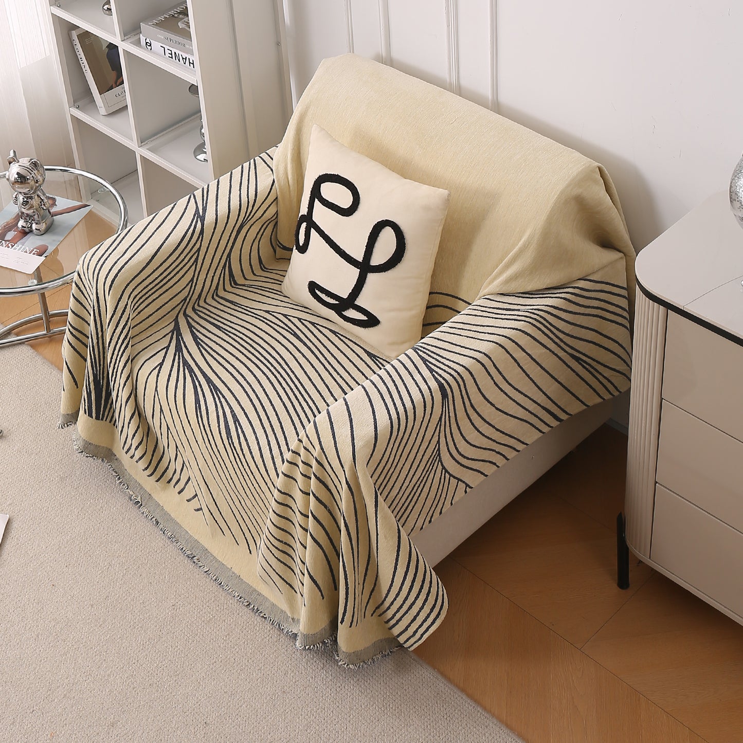 WaveLoom Collection Printed Chenille Sofa Cover Throw Blanket, Grey