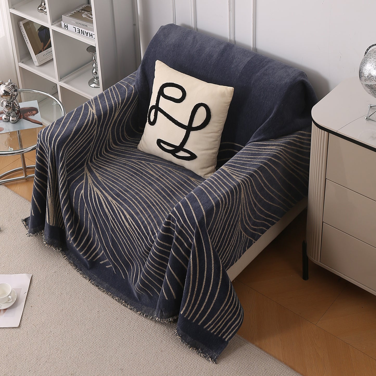 WaveLoom Collection Printed Chenille Sofa Cover Throw Blanket, Dark Grey