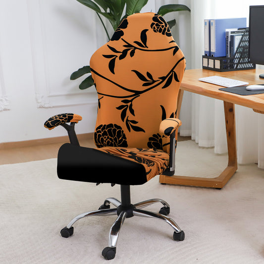 Printed Gaming Chair Seat Cover Elastic Computer Rotating Chair, Copper Brown Floral