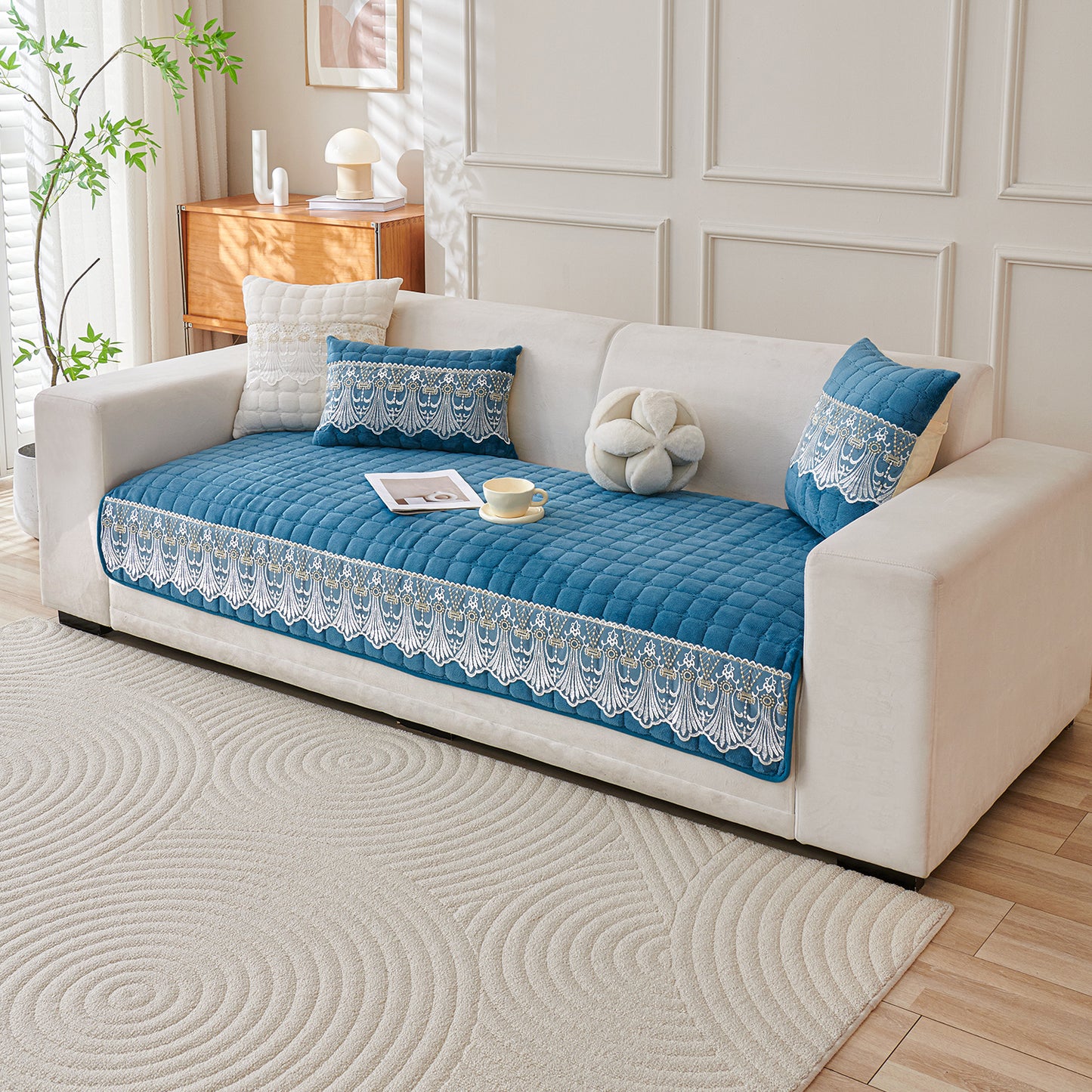 Premium Milk Velvet Sofa Cushion Cover with Lace Design, Celdaon Blue