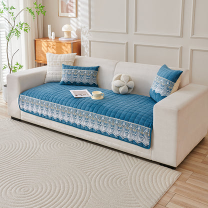 Premium Milk Velvet Sofa Cushion Cover with Lace Design, Celdaon Blue