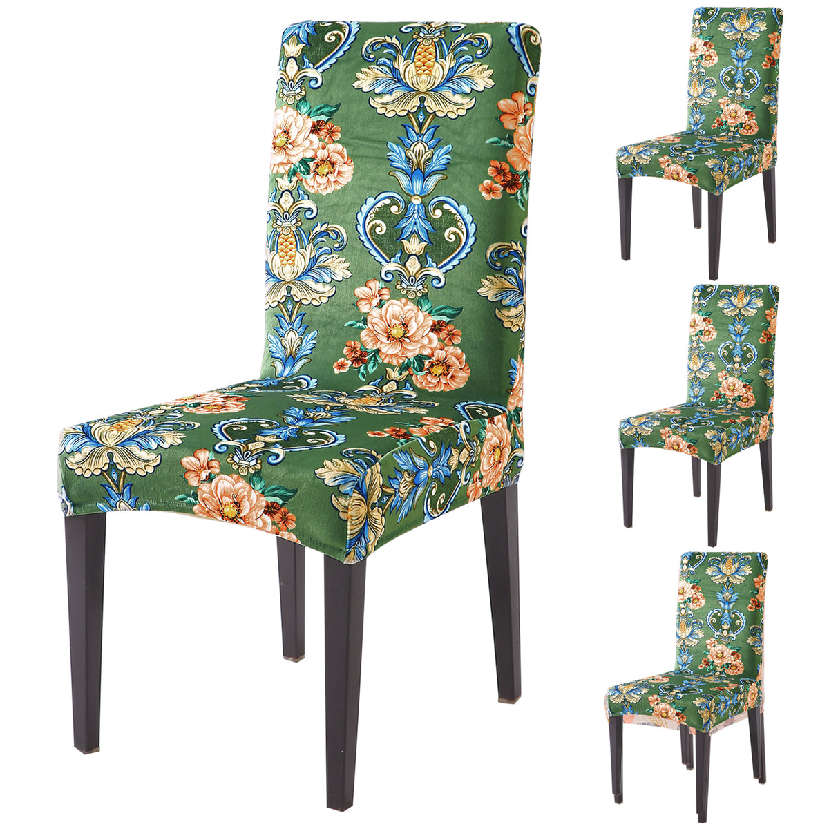 Premium Printed Velvet Dining Chair Cover Set, Green Victorian Garden