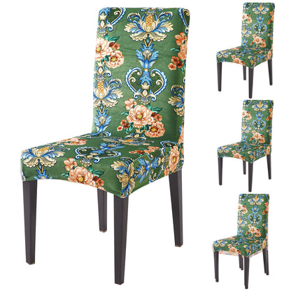 Premium Printed Velvet Dining Chair Cover Set, Green Victorian Garden