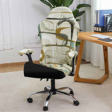 Printed Gaming Chair Seat Cover Elastic Computer Rotating Chair, Parchement Beige Abstract Art