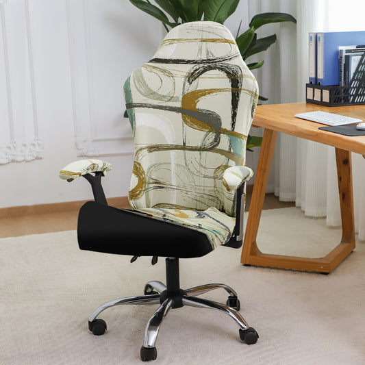 Printed Gaming Chair Seat Cover Elastic Computer Rotating Chair, Parchement Beige Abstract Art