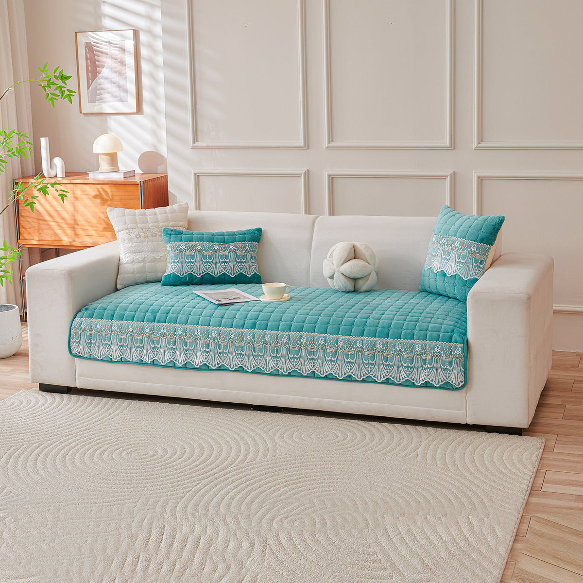 Premium Milk Velvet Sofa Cushion Cover with Lace Design, Teal