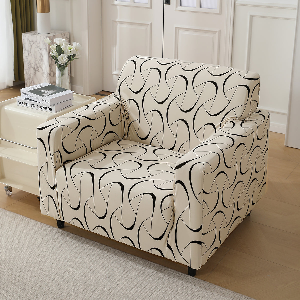 Natural Beige Abstract Art Print non slip elastic 1 seater sofa cover​ 
