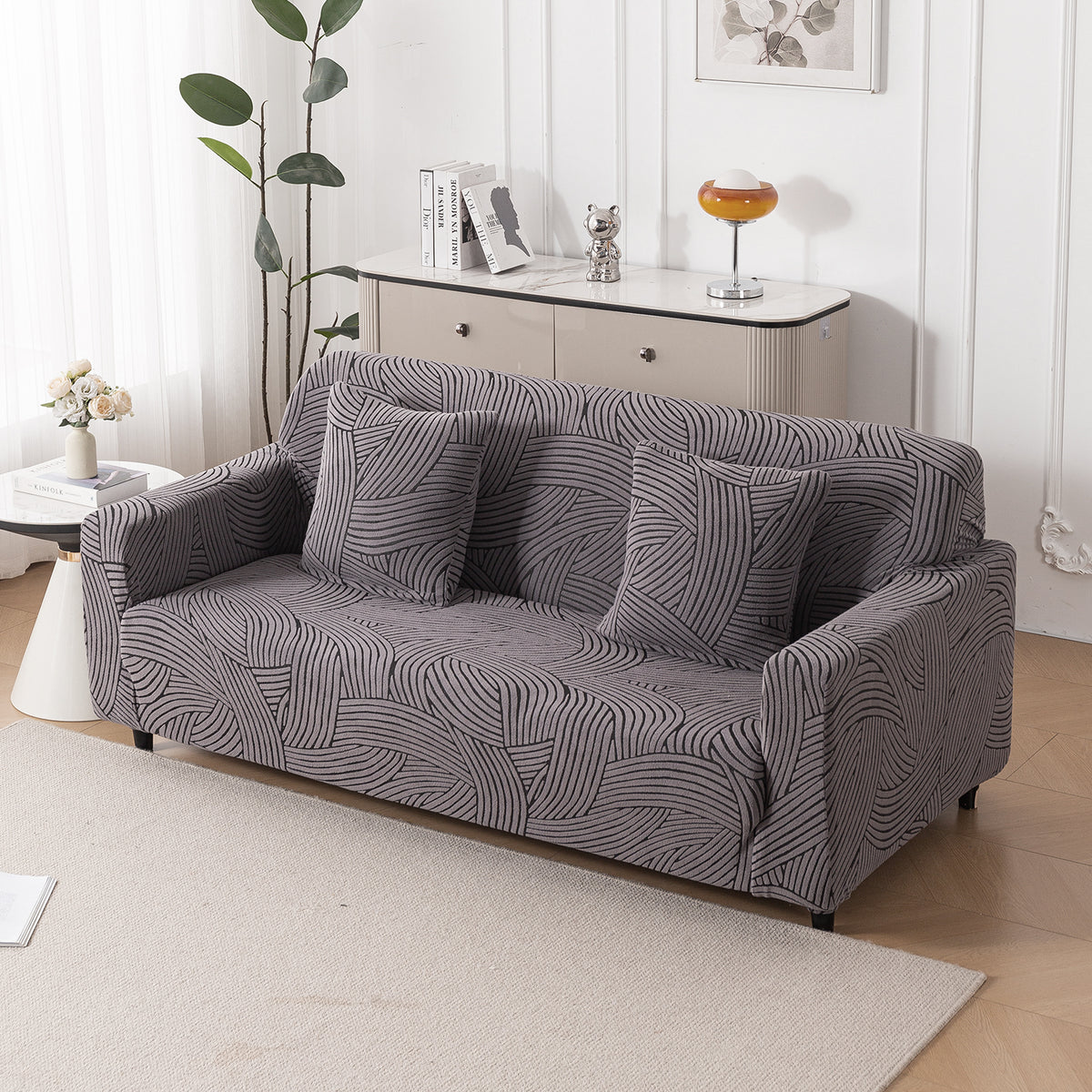 Buy charcoal grey colour waveline series jacquard sofa cover - 3 seater