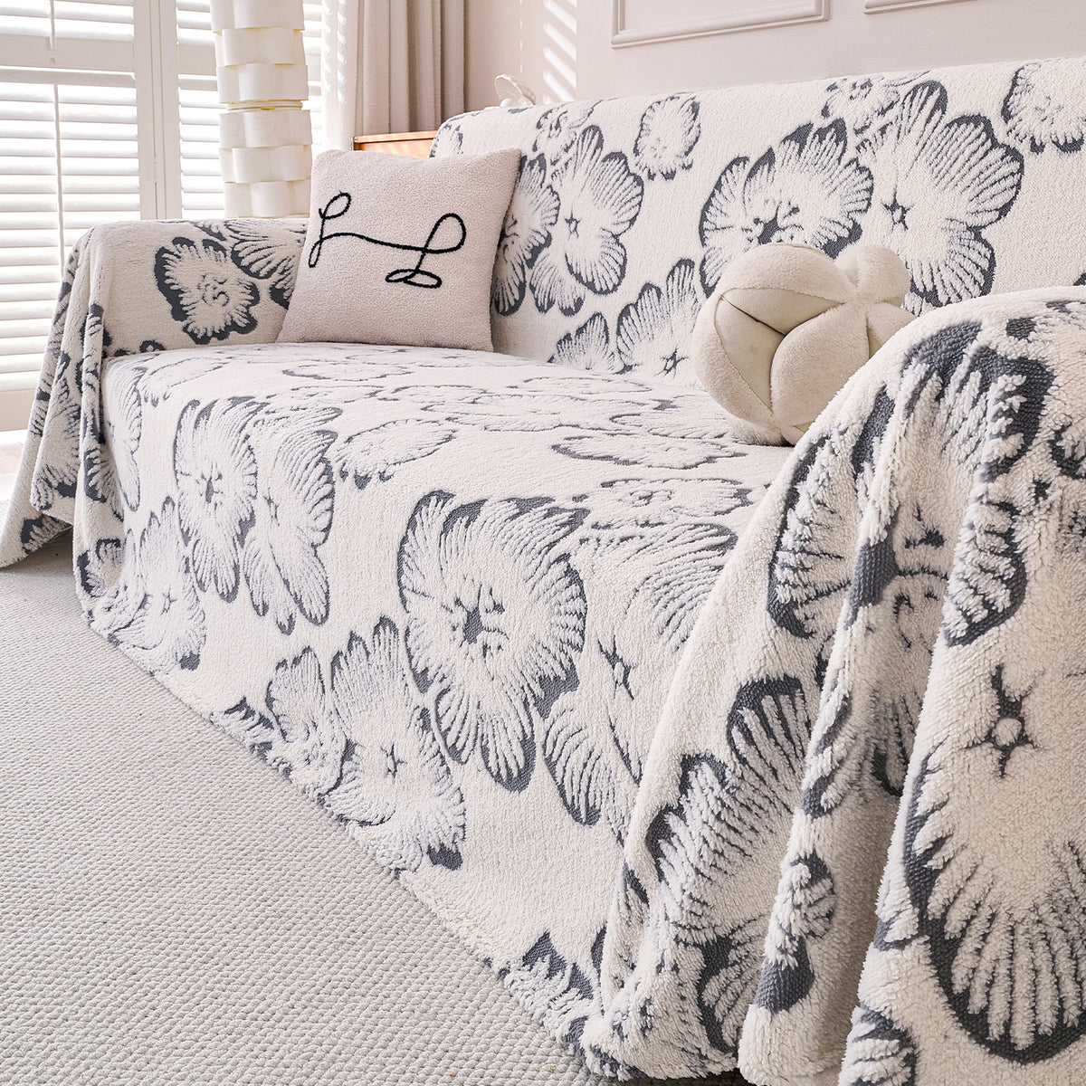 Buy Pearl Grey Colour Camellia Blossom Luxury Plush Sofa Throw | HOKIPO