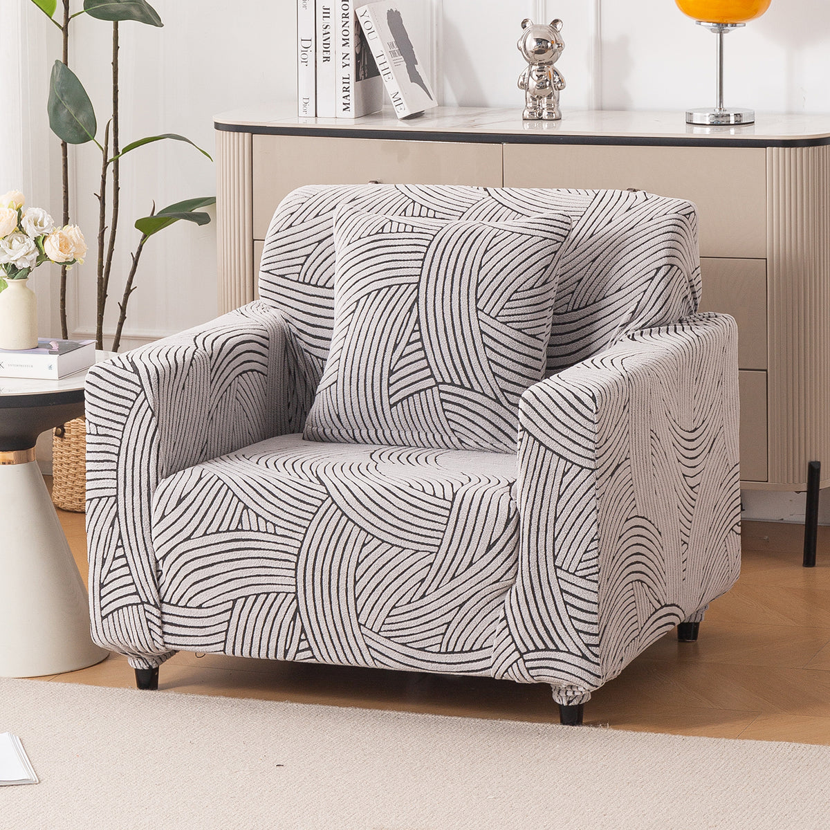 Buy classic white colour waveline series jacquard single seater sofa cover​ | HOKIPO