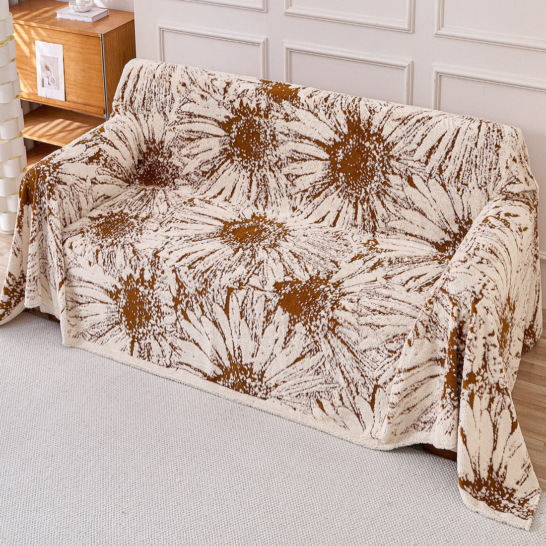 Buy Autumn Brown Colour DaisyBloom Cotton Luxury Plush Sofa Throw for Complete Sofa | HOKIPO