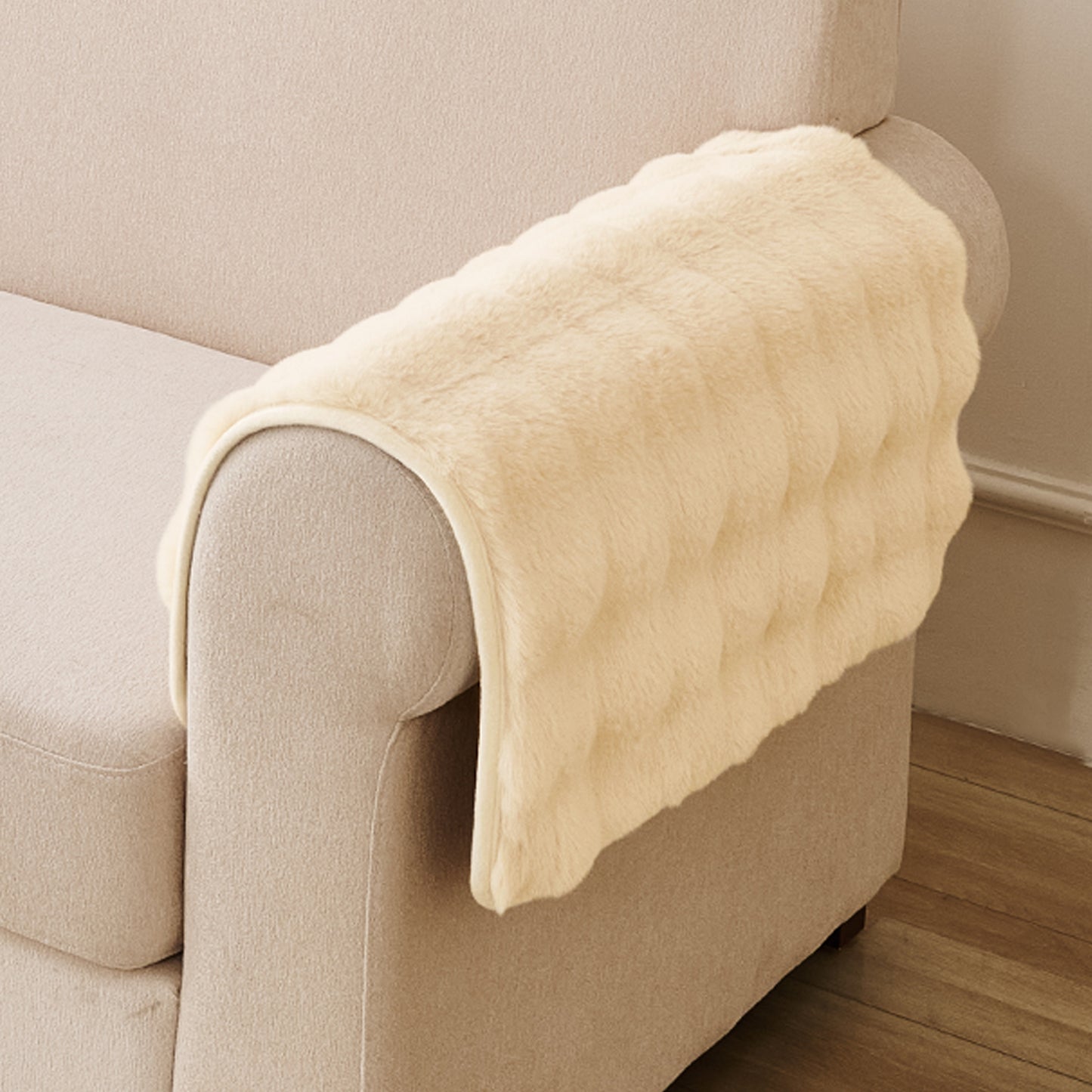 Premium Faux Rabbit Fur Anti Slip Sofa Mat for 1/2/3 Seater, Beige