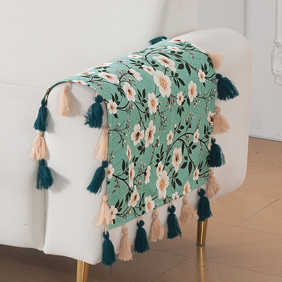 'Whispers of Nature' Series Holland Velvet Sofa Cover with Tassel, Sage Floral Vine