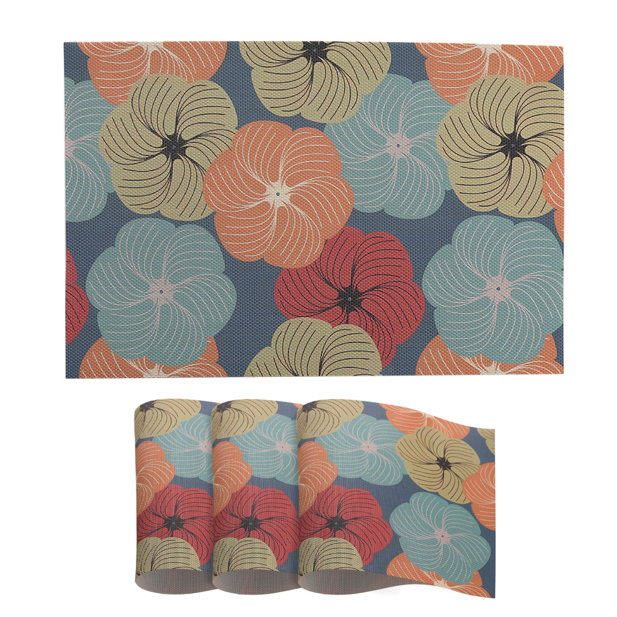 Color Splash PVC Mats for Dining Table, Floral Wheel - Teal Blue