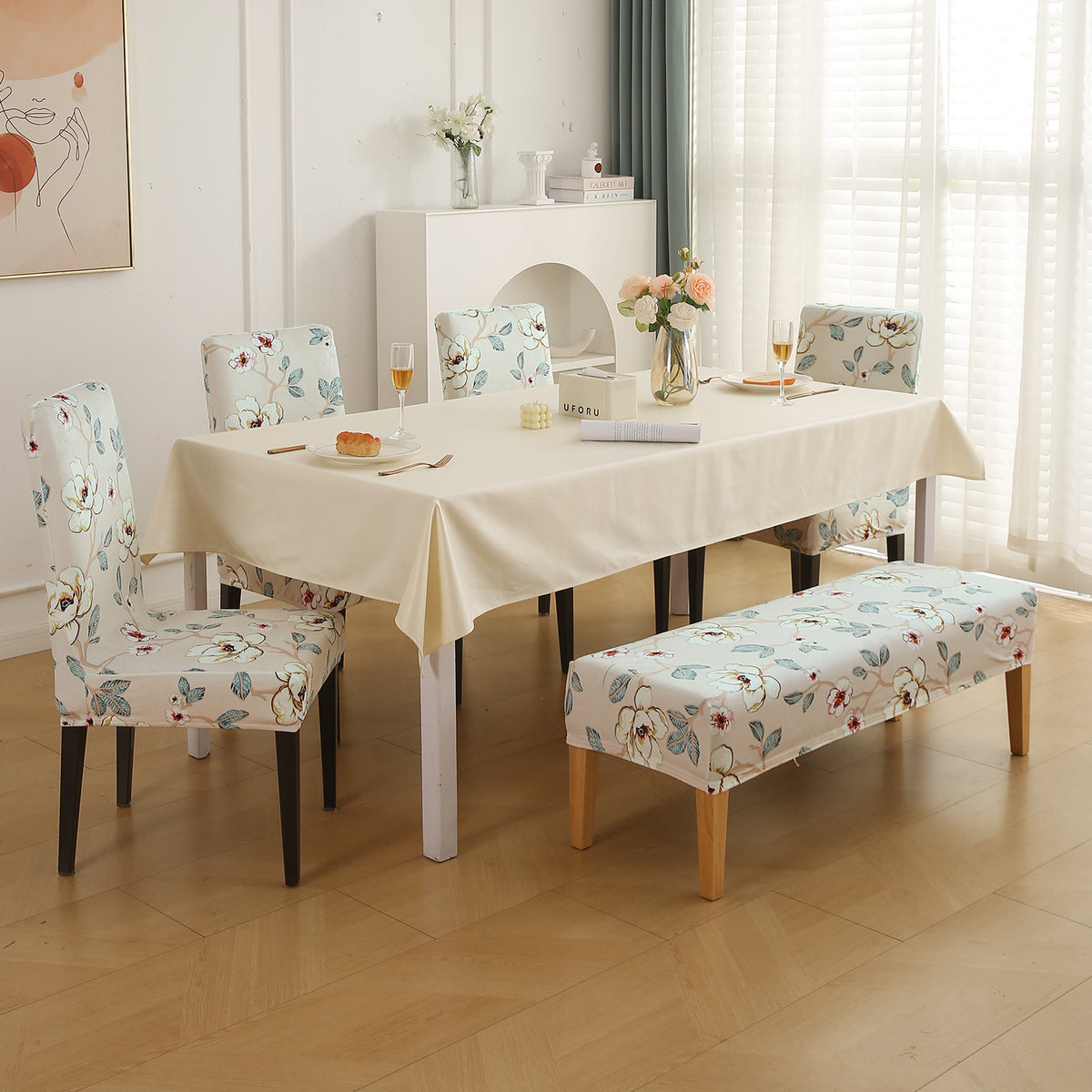 Premium Velvet Cover Set for 4 Dining Chairs + 1 Dining Bench, Buttercream Magnolia Whisper
