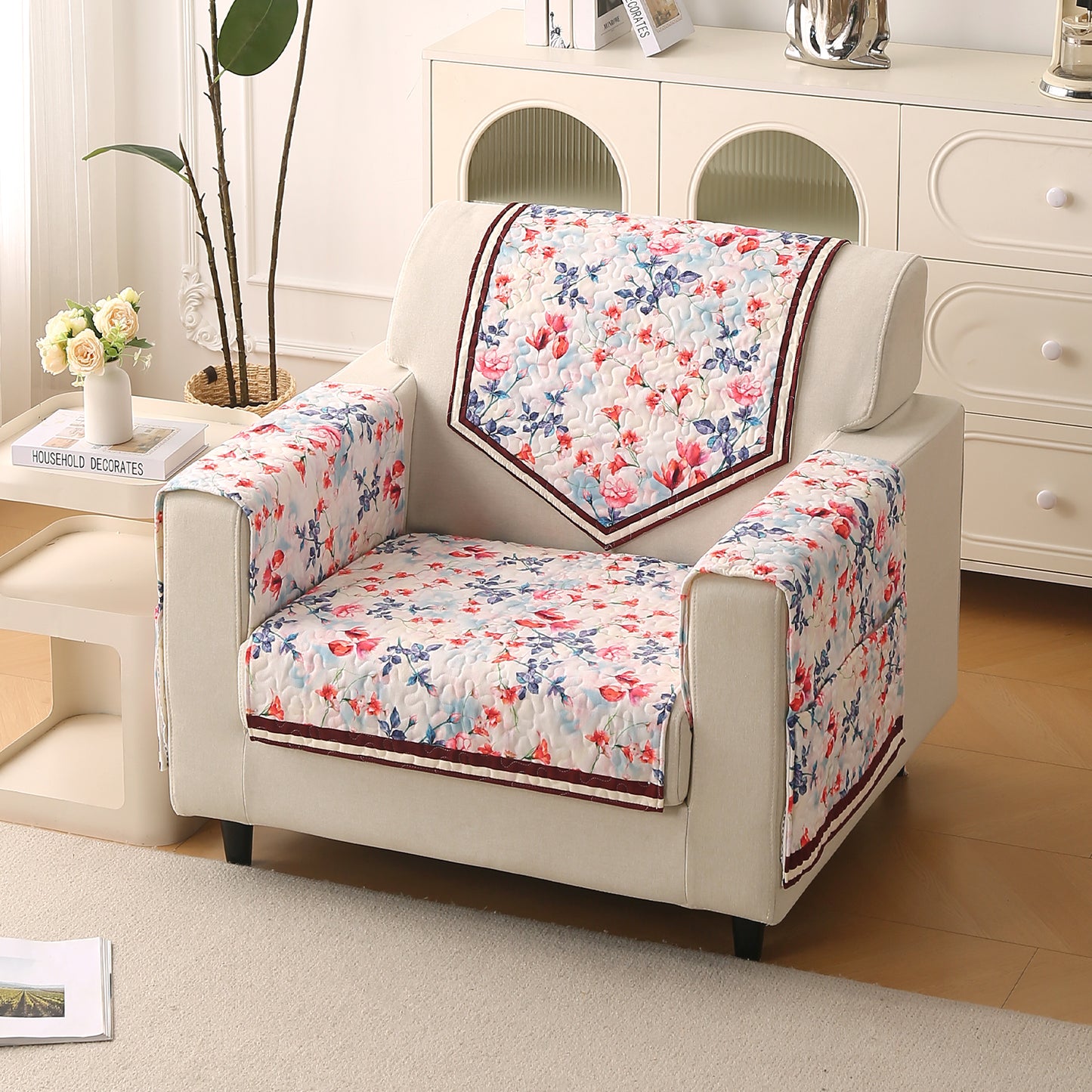 Florentina Series Printed Holland Velvet Sofa Mat - Scarlet Rose Ivory