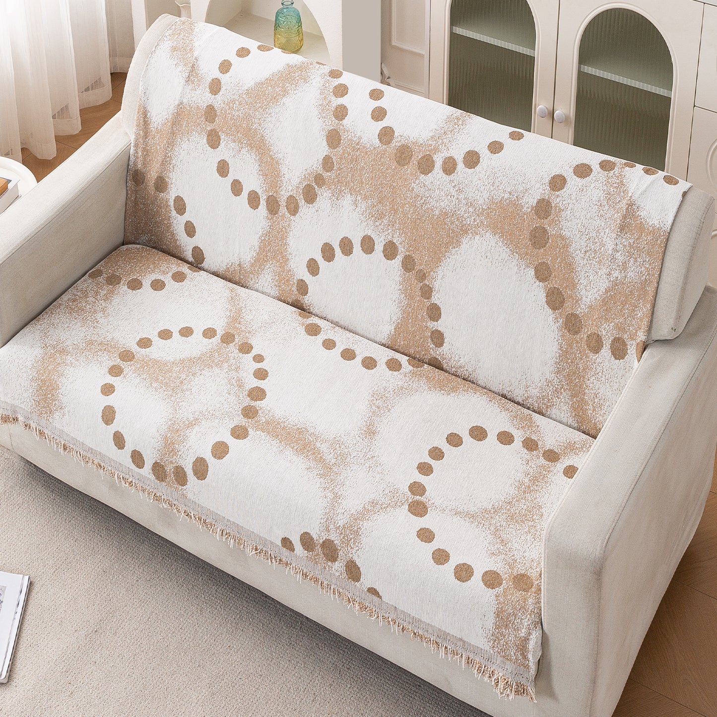 Premium 320 GSM Chenille Sofa Cover 'Serene Abode Series', Latte Dotted Wave