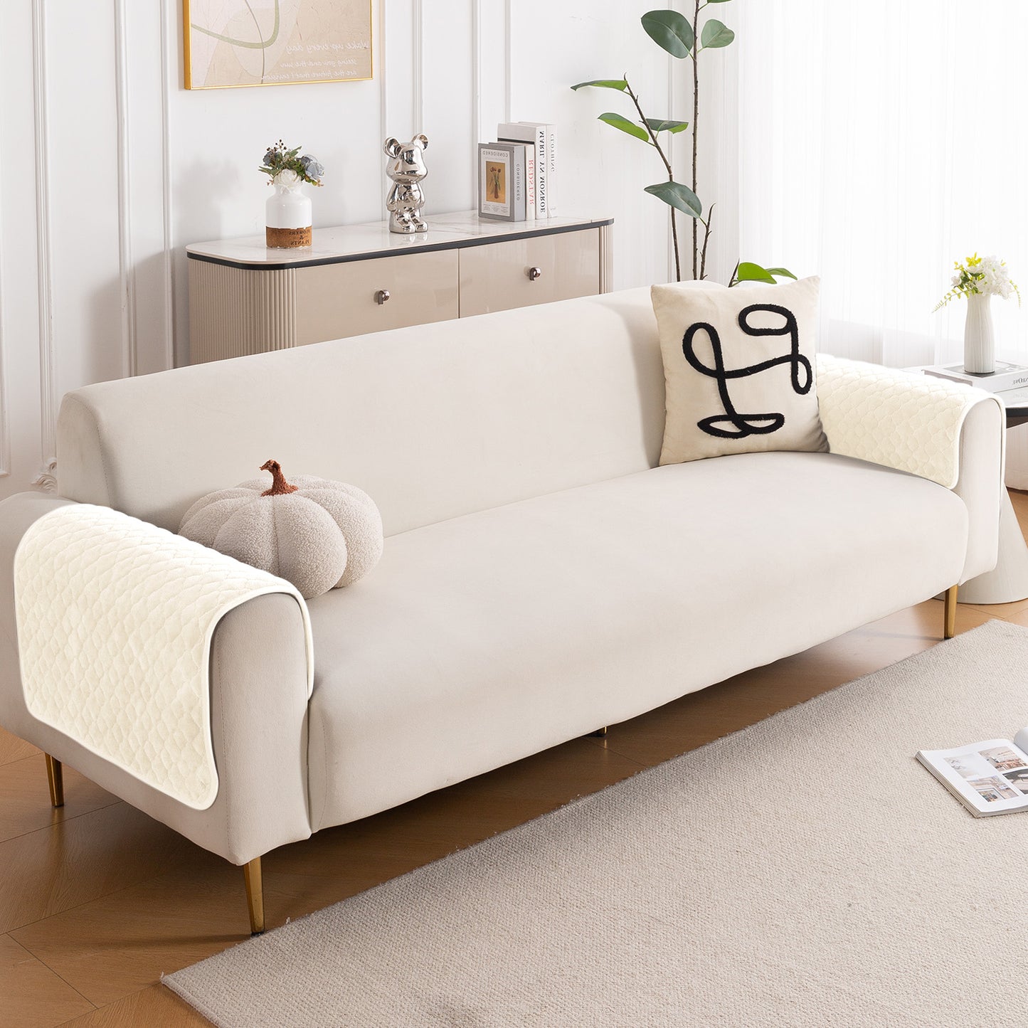 Diamond Plush Pebble Quilted Sofa Cover Mat, Cream