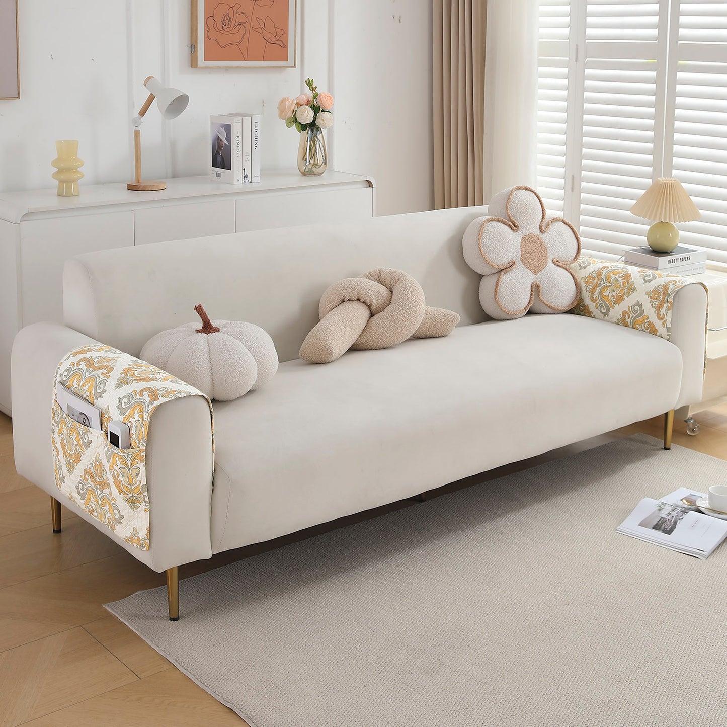 HOKIPO Polyester 2 Pcs Printed Quilted Sofa Armrest Cover, Damask Beige
