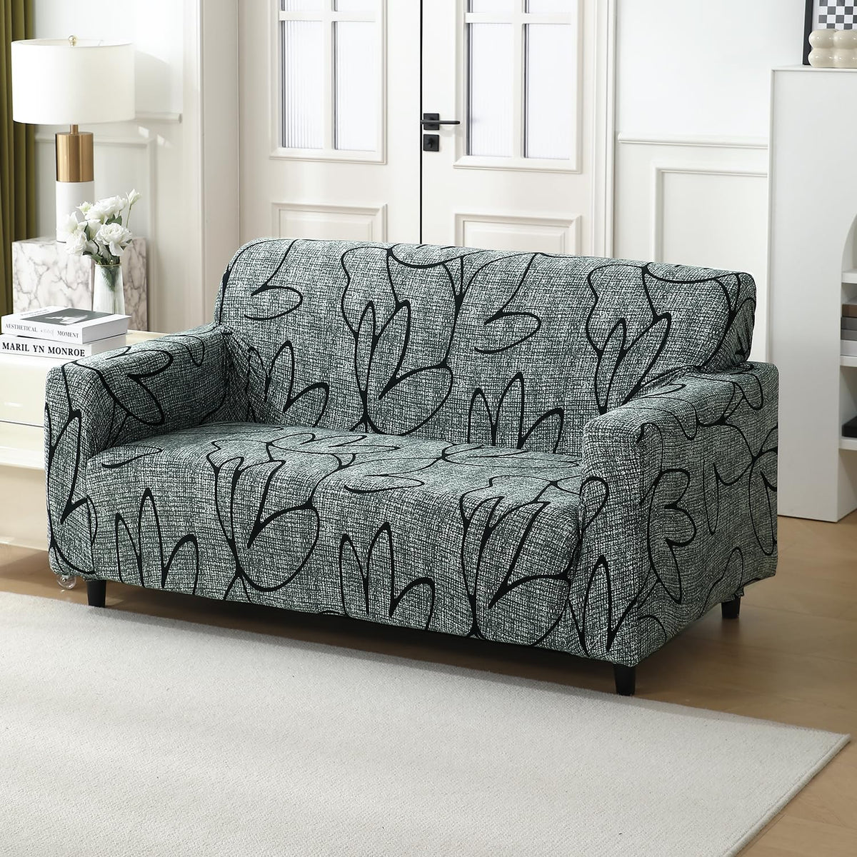  Intense Grey Abstract Floral stretchable two seater sofa cover
